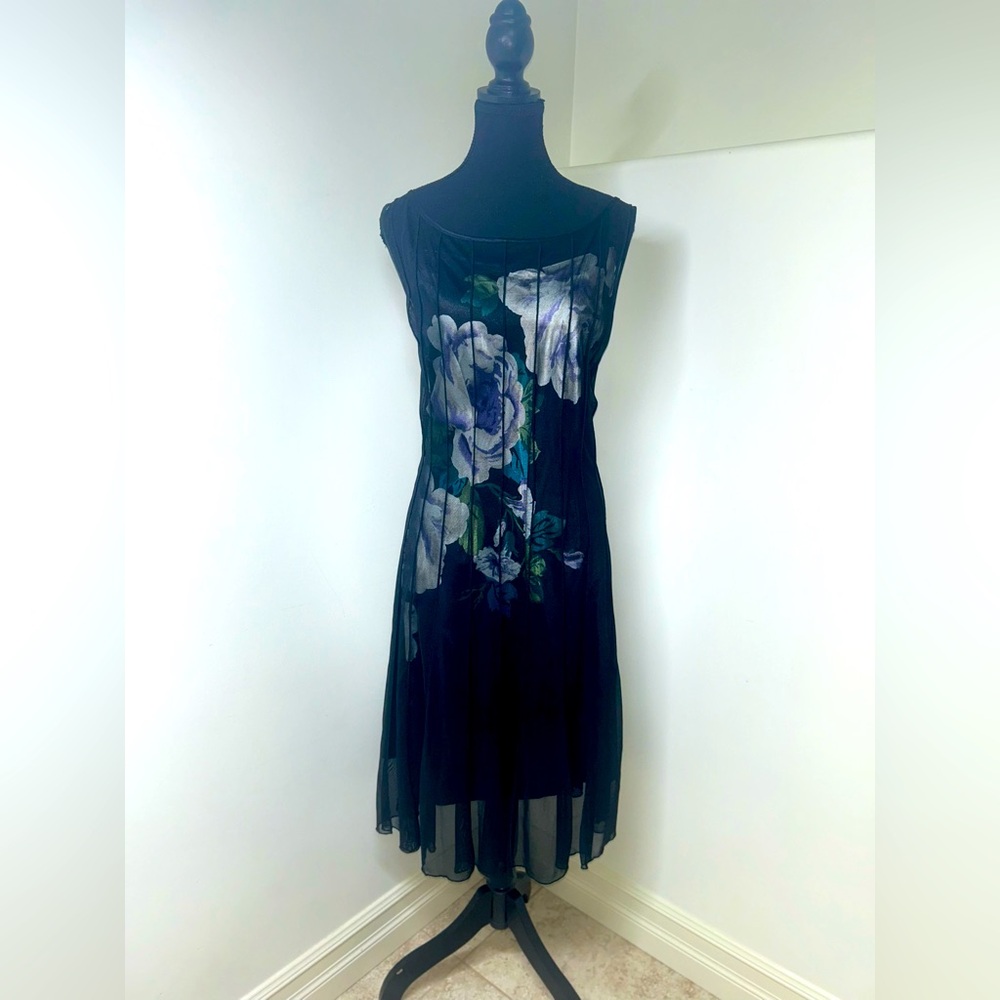 Plus size silk floral dress under black mesh dress